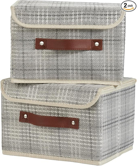 2PCS Storage Boxes with Lid 3D Textured Fabric Storage Bins Closet Organizer Containers Decorative Collapsible Washable Shelf Baskets with Faux Leather Handles (Silver Gray, Small Size)