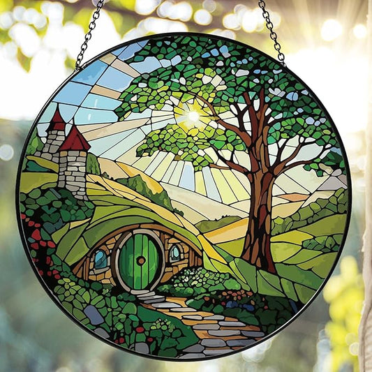 Shire Sun Catcher 7.87'' Stained Glass Window Hanging Gifts for Countryside Lover Women Scenery Wall Decor Handmade Sun Catcher Decoration for Home Garden Housewarming Gifts