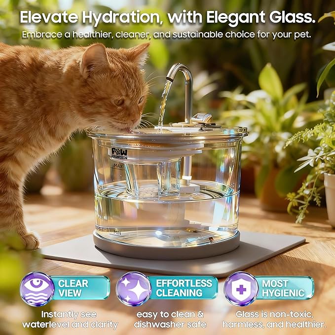 Ultra-Quiet Clear Glass Pet Fountain - 70oz/2.1L for Small Dogs & Cats,Automatic Water Dispenser with 3-Stage Filter & 3 Spray Heads | Dishwasher Safe,Indoor Use