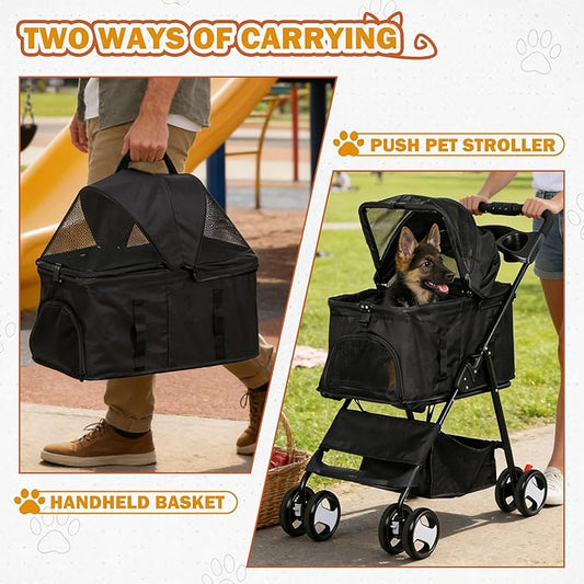 4 Wheels Dog Stroller with Detachable Carrier Folding Pet Strolling Cart for Small Medium Cats Puppies with Storage Basket Cup Holder, Black