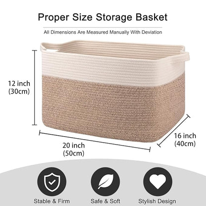 OIAHOMY Large Storage Basket, Cotton Rope Woven Blanket Basket, Toy Bin for Baby Room, Container for Blanket Storage in Living Room, 20''×16''×12'', Brown & White