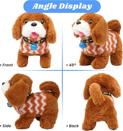 Hopearl Walking Dog Golden Retriever in Brown Vest Interactive Electronic Pet Plush Toy Puppy Woof and Moving Animated Nodding Head Gift for Toddlers Birthday, Brown, 7''
