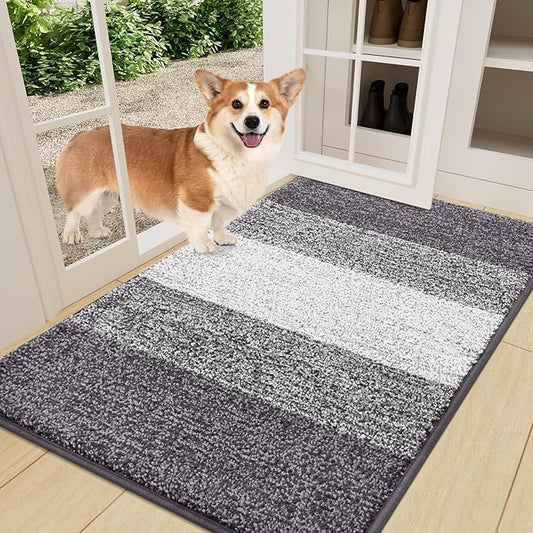 Smiry Dog Door Mat for Muddy Paws, Absorbs Moisture and Dirt, Low-Profile Entryway Mat with Non-Slip Backing, Entry Indoor Outdoor Doormat for Inside Floor (36x24 Inches, Light Grey, Striped)