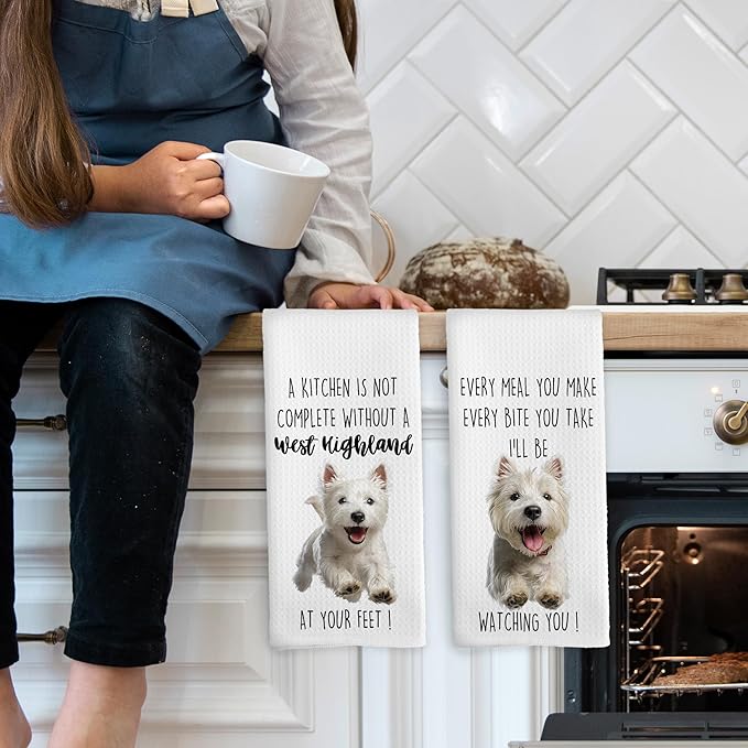 West Highland Dog Kitchen Towels Set of 2, Funny Dog Kitchen Decor, Dogs Gifts for Women Men Hand Towel, Pet Owner Gift Decorative Tea Towels Dish Towel 16x24 Inch