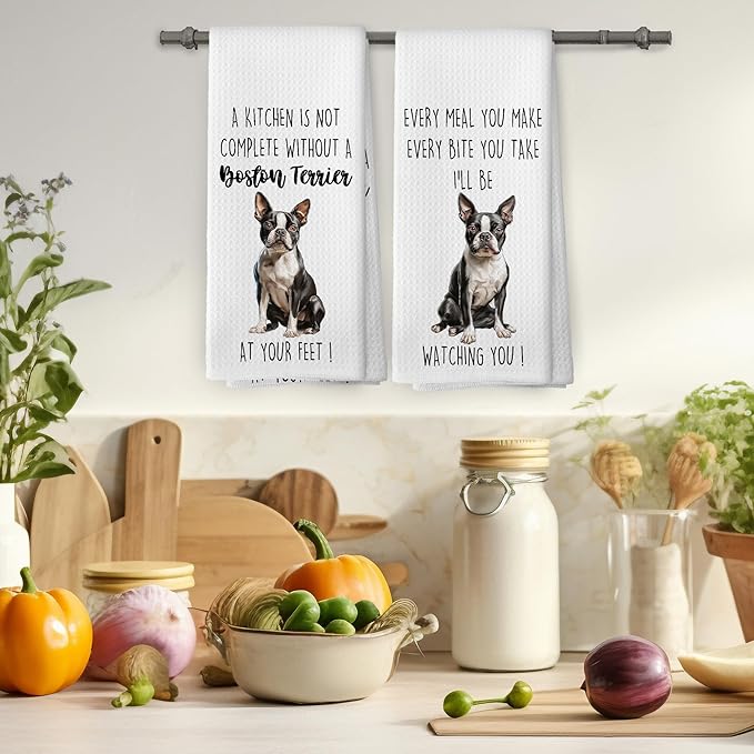 Boston Terrier Dog Kitchen Towels Set of 2, Funny Dog Kitchen Decor, Dogs Gifts for Women Men Hand Towel, Pet Owner Gift Decorative Tea Towels Dish Towel 16x24 Inch