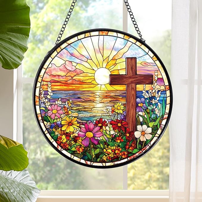 Cross Flower Stained Glass Window Hanging Gift, 7.8″ Sun Catchers Indoor Window Decor, Decorative Suncatchers Home Garden Art Religious Gift for Thanksgiving Christmas Housewarming