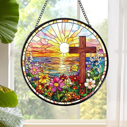 Cross Flower Stained Glass Window Hanging Gift, 7.8″ Sun Catchers Indoor Window Decor, Decorative Suncatchers Home Garden Art Religious Gift for Thanksgiving Christmas Housewarming