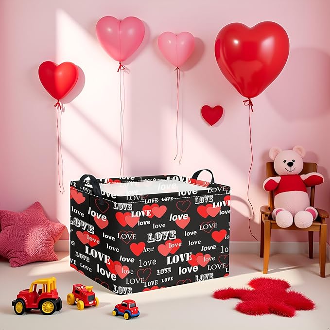 Rectangular Valentines Basket for Home Kitchen Girls Cute Kids Storage Bin Organizer Shelf Book Room Decor(Black Red Love)