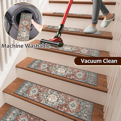 OJIA Stair Treads Non Slip for Wooden Steps Indoor 15PCS Carpet Stair Treads, Rubber Backing Stair Carpet Treads, 8"x30" Staircase Step Treads Edging Stair Rugs for Kids & Pets, Rust Red