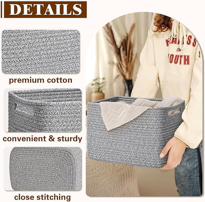 Storage Baskets for Organizing, 4 Pack Baskets for Shelves, Decorative Storage Bins for Shelves, Cotton Rope Storage Basket with Handles, Woven Basket for Storage, 13''Lx8.7''Wx7.9''H, Gray
