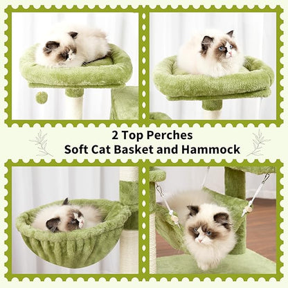 Gitelsnour Cat Tree for Indoor Cats, 71'' (180cm) Multi-Level Cat Tower for Large Adult, Sturdy Cat Tree House with 2 Scratching Boards 7 Posts, 2 Plush Perches/Condos, Hammock, Green GCT032GR