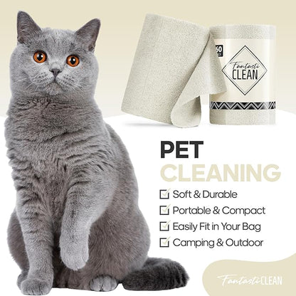 Fantasticlean Microfiber Cleaning Cloth Roll 4 Rolls 240 Pack, Tear Away Paperless Towels, 8" x 8", Reusable Washable Rags, House Kitchen, Pet, Office, Indoor Outdoor, Compact and Portable (Off-White)