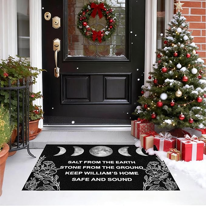 Custom Doormat with Family Name Personalized Moon Entryway Door Mat Front Door Mat for Outdoor Decor Entrance Mat Customised Rug Christmas Housewarming Gift with Anti-Slip Backing