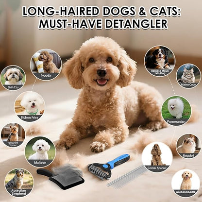 Large Dog Slicker Brush for Goldendoodles, Poodles - 3 in 1 Grooming Kit with Undercoat Rake, Comb - Extra Long Pins for Dematting Great Pyrenees, Thick Coats, Shedding, Detangling, Black