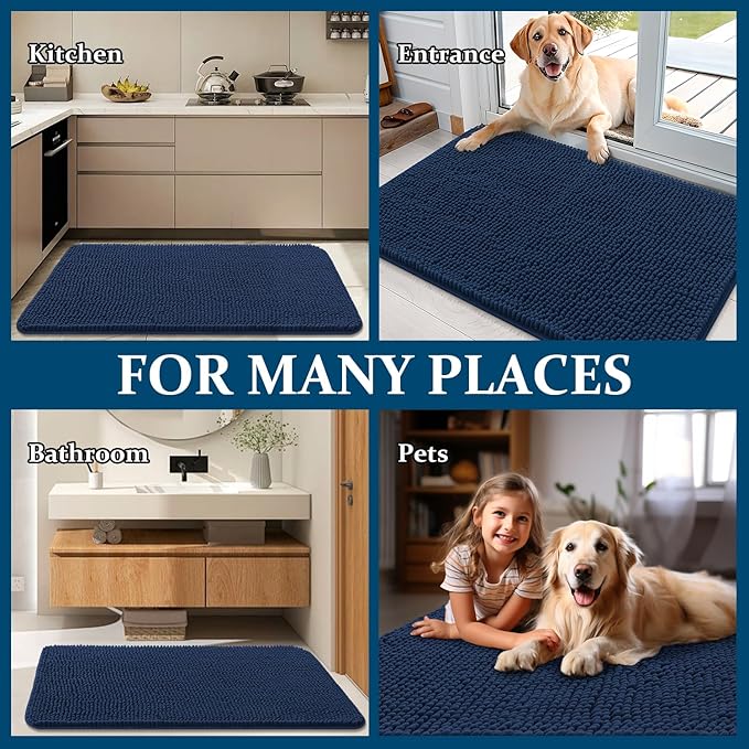 OLANLY Dog Door Mat for Muddy Paws 34x21, Absorbs Moisture and Dirt, Absorbent Non-Slip Washable Doormat, Quick Dry Chenille Mud Mat for Dogs, Entry Indoor Entryway Carpet for Inside Floor, Dark Blue