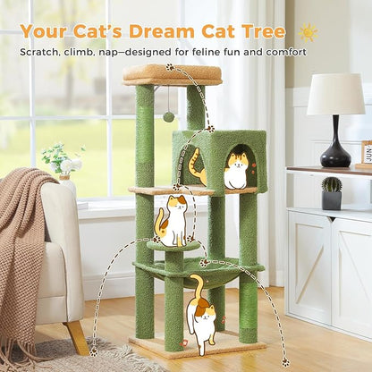 MUTTROS Cactus Cat Tree for Indoor Cats, 44.5" Multi-Level Cat Tower with Large Metal Frame Hammock, Cat Condo with 2 Scratching Posts and Top Perch for Small to Medium Cats, Green