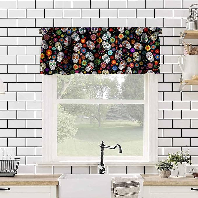Mexican Style Valances Curtain for Kitchen, Day of The Dead Sugar Skull Pattern Window Treatment Valances Short Curtains Rod Pocket Drape for Dining Room Home Decor, 54x18inch