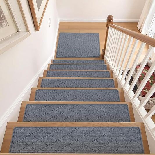 Stair Treads Non Slip Landing Rug for Wooden Steps Indoor, Peel and Stick Stair Treads Matching-Mat 20"X32" Landing Slip Resistant Stair Rugs for Kids and Dogs, Polyester Stair Landing Mat, Grey Blue