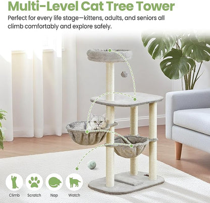 Small Cat Tree Tower with Lots of Scratching Posts - 42 Inch Medium Compact Cats Scratch House with Hammock Perch for Multi Level 2 Kitty - Indoor Corner Cat Bed Condo Climbing Gym Towers Furniture