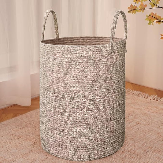 Large Woven Laundry Basket Hamper,80L Cotton Rope Storage Bin for Blankets,Toys and Clothes,Decorative Tall Nursery Hamper for Living Room,Baby Nursery,Bathroom and Bedroom,Oatmeal