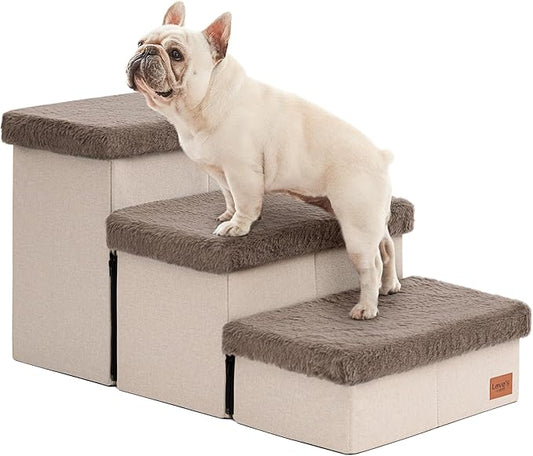 Love's cabin Dog Stairs for High Bed 18" H, 3 Steps with Furry Lids Pet Stairs for Small Medium Large Dogs, Foldable Cat Ramp with Zip up to 200 lbs, Brown