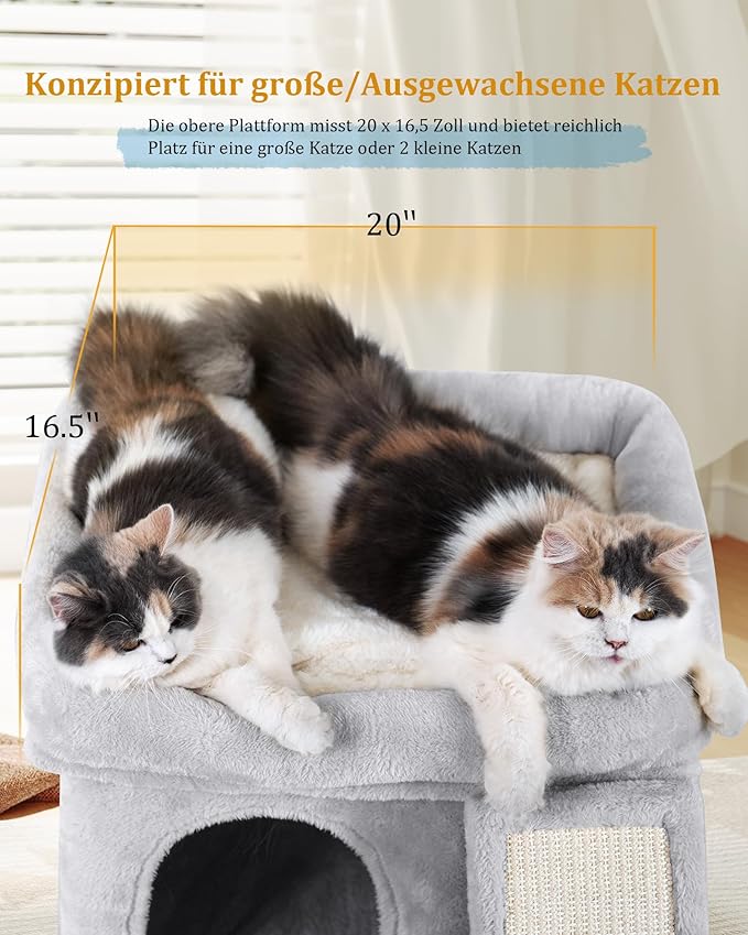 Aechonow Cat Tree Tower for Large Cat, Cat Bed House with Large Perch for Adult Cats, 20 * 16.5 Inch Big Platform for Indoor with Super Cozy Mat, Large Condo with Scratching Post, Light Gray