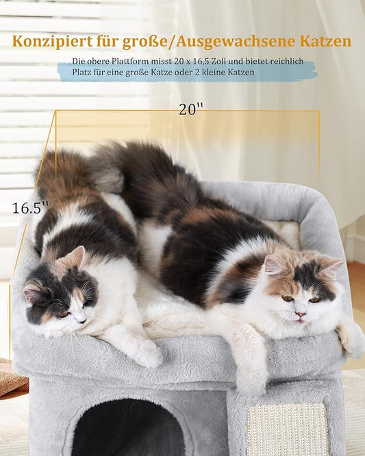 Aechonow Cat Tree Tower for Large Cat, Cat Bed House with Large Perch for Adult Cats, 20 * 16.5 Inch Big Platform for Indoor with Super Cozy Mat, Large Condo with Scratching Post, Light Gray