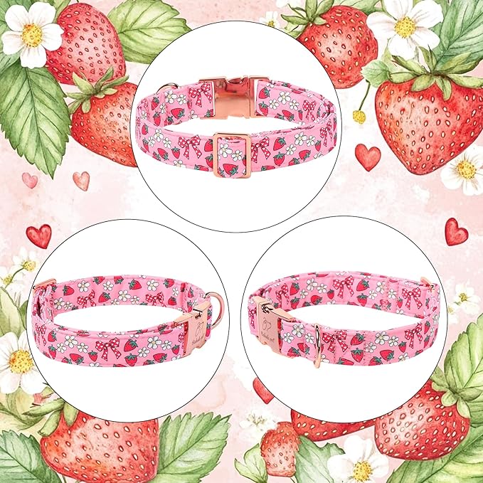 Strawberry Bow Dog Collar, Spring/Summer Pink Girl Dog Collars, Adjustable Heavy Duty Girly Female Dogs Collars for Small Medium Large Dogs with Metal Buckle S