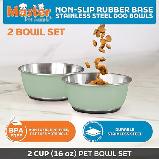 Master Pet Supply Stainless Steel Dog Bowls Set of 2 (16 Oz Each) with Non-Slip Rubber Base - Pistachio - Basic Dog Food Bowl Water & Food Bowls for Small Medium Large Dogs & Cats, Metal Dish