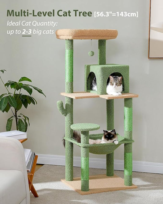 MUTTROS Cactus Cat Tree for Large Cats with Metal Plush Big Hammock, 56.3" Cat Tower for Indoor Cats with 2 Door Condo House, 6-Tier Cat Shelves with Scratching Posts and Large Top Perch,Green