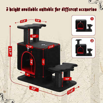 Gothic 3-in-1 Dog Stairs & Cat Scratching Post with Condo - Pet Steps for High Beds, Sofa & Couch, 3-Tier Cat Tower with Sisal Scratching Pad for Small Dogs, Cats & Kittens, Black
