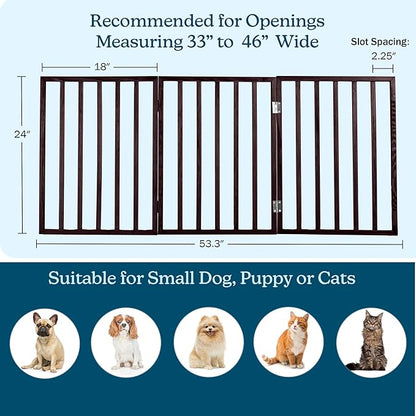 3-Panel Indoor Foldable Dog Fence for Stairs, Hallways, or Doorways - 54x24-Inch Wood Freestanding Dog Gates by PETMAKER (Brown)