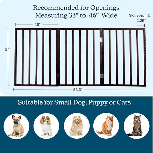 3-Panel Indoor Foldable Dog Fence for Stairs, Hallways, or Doorways - 54x24-Inch Wood Freestanding Dog Gates by PETMAKER (Brown)