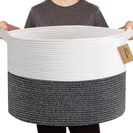 Large Throw Blanket Basket, 22" X 22" X 14" XXXL Blanket Holder for Living Room, Big Wicker Baskets for Storage, Woven Cotton Rope Kids Toy Box, Throw Pillow Holder Organizer Bin