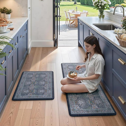 Collive Kitchen Mats for Floor 2PCS, Cushioned Anti Fatigue Rugs Non Slip Waterproof Kitchen Sink Mat, Dark Blue Floral Standing Mat for Bar, Office, Desk, Home Decor, 20" x 47" + 20" x 32"