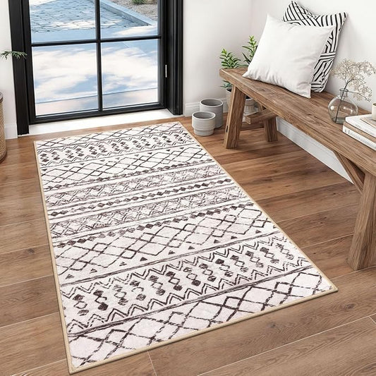 KUTA 3x5 Entryway Rug, Brown Non-Slip Washable Low-Pile Boho Moroccan Living Room Area Rug, Ultra Soft Distressed Geometric Print Throw Carpet for Entrance, Bedroom, Nursery, Dorm, Kitchen