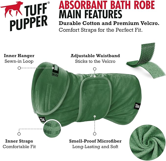 Tuff Pupper Fast Drying Dog Bath Robe | 800 GSM Plush Dog Towel Bathrobe/Dressing Gown | Super Absorbent Pet/Puppy Bathrobe | Adjustable Hood & Belly Strap | Super Soft | Fast Drying (M, Green)