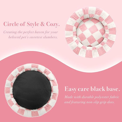 Checkered Dog Bed, Cute Girly Pink Retro Style Aesthetic Round Warming Pet Calming Beds for Small Dog and Cats, Plush Cozy Donut Dog Beds Washable, 30" L x 30" W x 8" Th