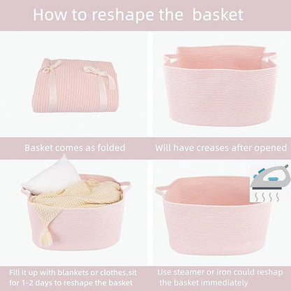 Large Rectangle Blankets Baskets 22"x17"x12" Toy Basket for Kids Woven Cotton Rope Storage Basket for Nursery - Wicker Laundry Baskets for Clothes Towels - Ideal for Living Room Storage pink