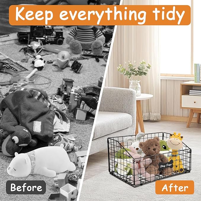 Large Dog Toy Basket, Metal Dog Toy Bin, Mesh Wire Basket with Wooden Handles, Toy Box for Living Room Area, Dog Toys Box, Pet Toys for Dog Cat, Sturdy Dog Basket for Dog Leash,Blanket,Toys,Snacks