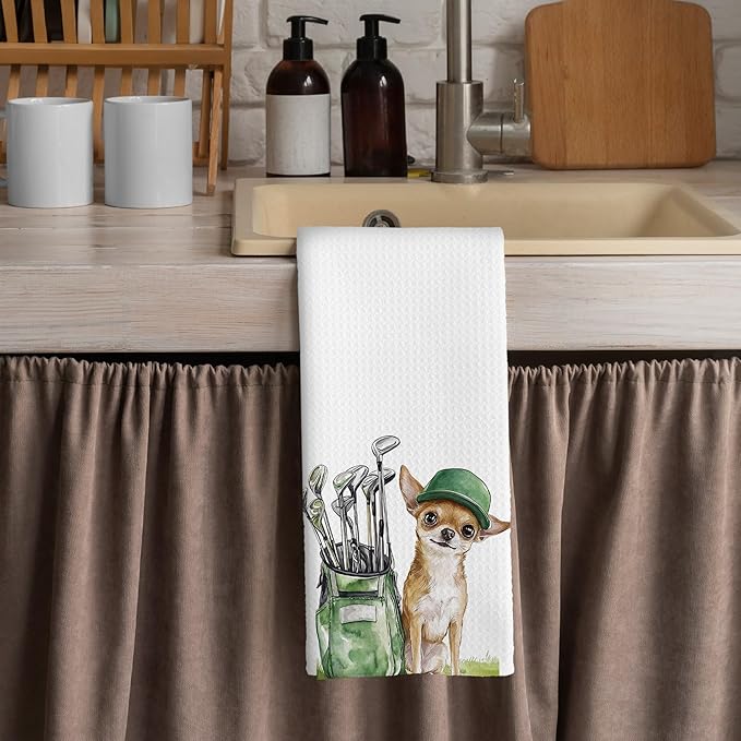 Golf Dog Kitchen Towels - Chihuahua Dish Towels, Sports Gifts, Pet Golf Club Decorative Absorbent Dishcloths Hand Towels for Kitchen Gym Spa Decor 16x24 Inches