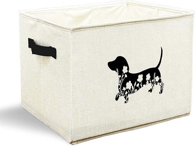 Black Floral Dachshund Dog Toy Basket, Dachshund Home Decor, Weiner Dog Gifts for Women Men Collapsible Pet Dogs Toy Storage Bin Box Basket Organizer, Pet Supplies for Dogs