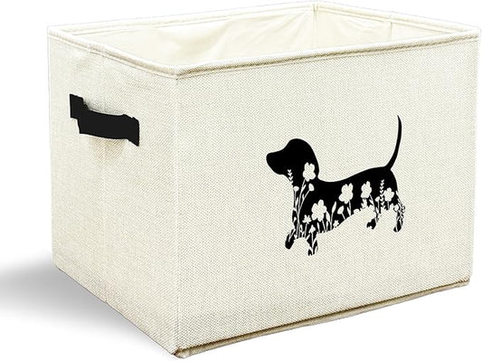 Black Floral Dachshund Dog Toy Basket, Dachshund Home Decor, Weiner Dog Gifts for Women Men Collapsible Pet Dogs Toy Storage Bin Box Basket Organizer, Pet Supplies for Dogs