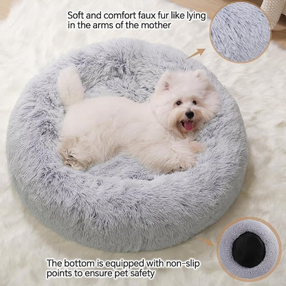Calming Small Dog Bed, Donut Fluffy Anti-Anxiety Round Washable Cute Bed, Plush Cozy Cuddler Warming Soft Comfort Pet Bed for Small Medium Dogs Cats, 28inch,Light Grey