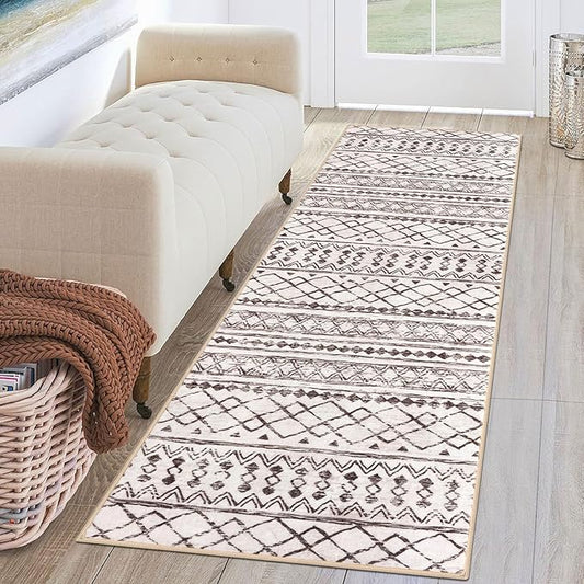 KUTA Moroccan Washable Hallway Runner Rug 2x6 Non-Slip Vintage Brown Cream Boho Runners Kitchen Rugs Ultra Soft Distressed Geometric Floor Carpet for Bedroom Laundry Living Room