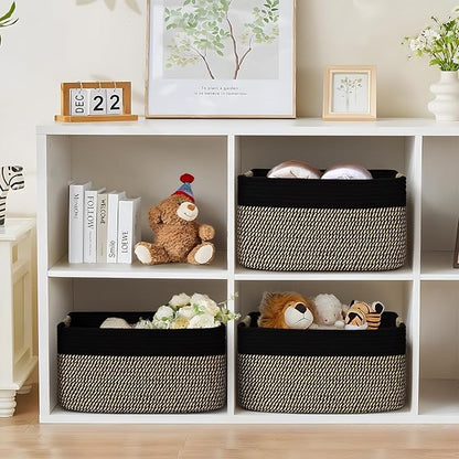 4 Pack Large Storage Basket for Organizing, 17.5"x13"x7" Woven Basket for Shelves, Closet Cube Storage Bins with Wrapped Handle, Cotton Rope Baskets for Kitchen, Clothes, Toys(Black & Brown)