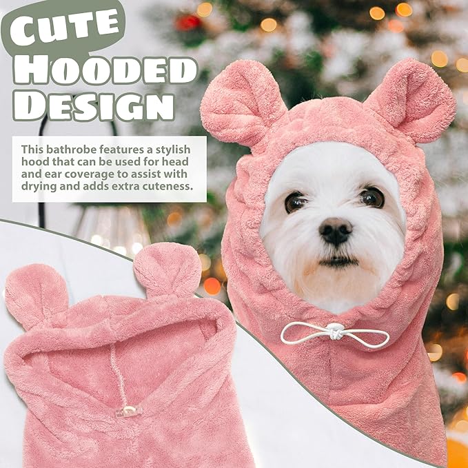 Dog Bathrobe Super Absorbent Towel Robe - Microfiber Bath Towels Fast Drying Coat for Dogs, Cute Dogs Clothes Adjustable Collar & Belly Strap Warm Keeping Hooded Dog Towel (Pink, Medium)