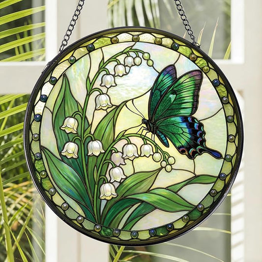 Stained Glass Window Hanging, 7.8″ Lily of The Valley Butterfly Sun Catchers Indoor Window Decor, Decorative Suncatchers Hanging Ornaments Home Garden Art Gift for Housewarming