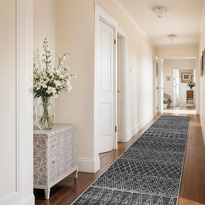Moroccan 2'6"x12' Hallway Runner Rug: Washable Non Slip Bedroom Rugs - Soft Long Low Pile Farmhouse Neutral Carpet for Entryway Kitchen Laundry 2'6"x12' Black