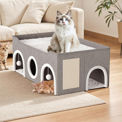 Top Bed Three Rooms Cat Condos,All-in-1 Extra-Wide Cat House for Indoor，Multi Cats Puppy Family, Large Cat Cave for Pet House with Fluffy Ball Hanging and Scratch Pad, Foldable Hideaway